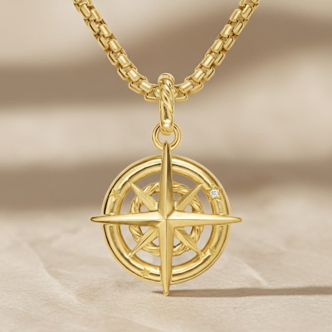 Gold compass pendant necklace, lab-grown diamond, 9K & 14K white/yellow/rose gold, celestial jewelry, navigation symbol, meaningful gift