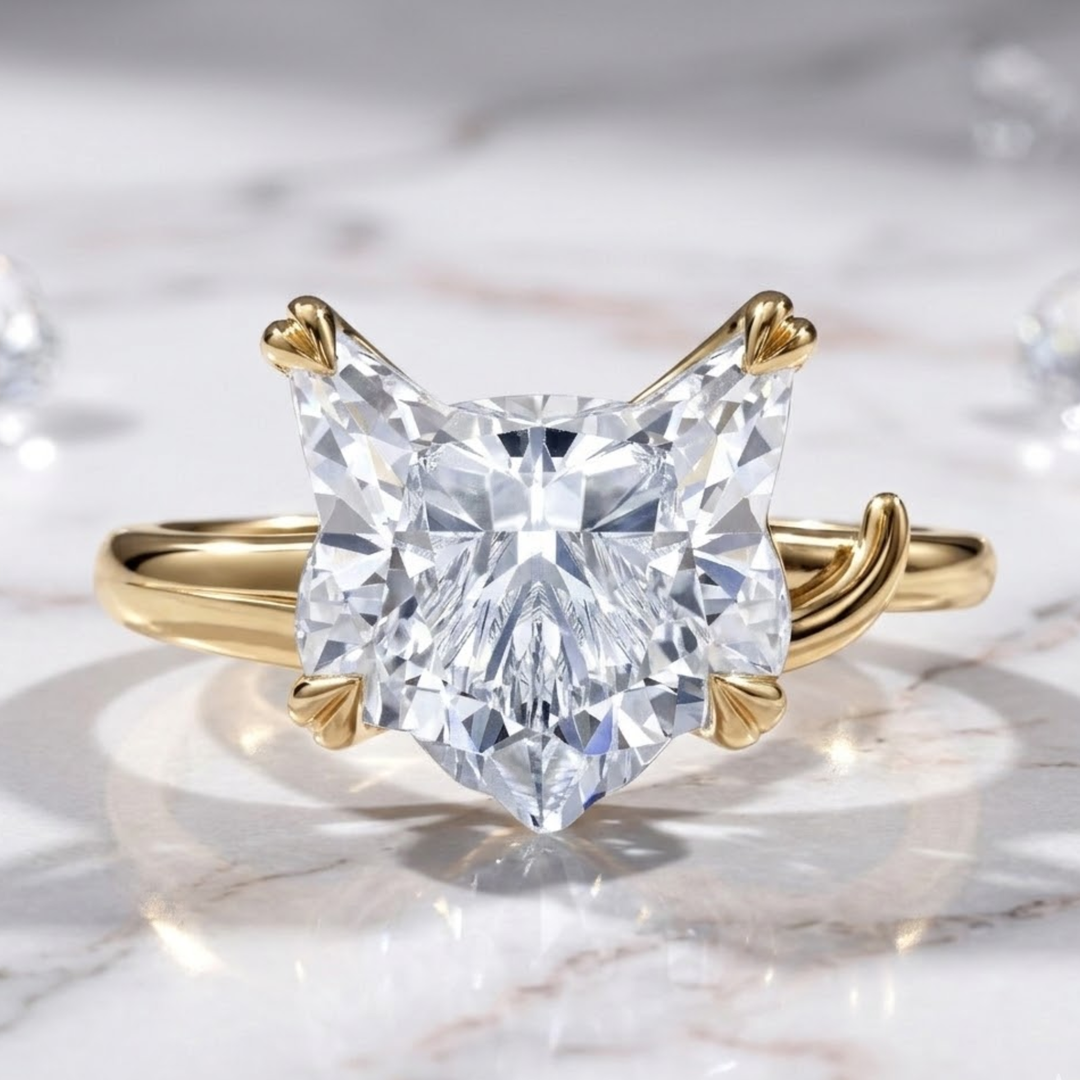 Cat-Head Cut Solitaire Ring, Cat-Head Cut Diamond Ring, Lab Grown Round Engagement Ring IGI Certified Birthday/Anniversary Gift for Her