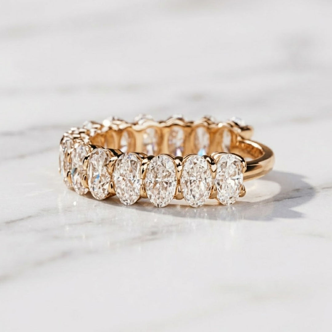 Oval Cut Lab Grown Diamond Wedding Band / CVD Diamond Stone Band / 14K Solid Gold Engagement Band / Hand Made Diamond Anniversary Band