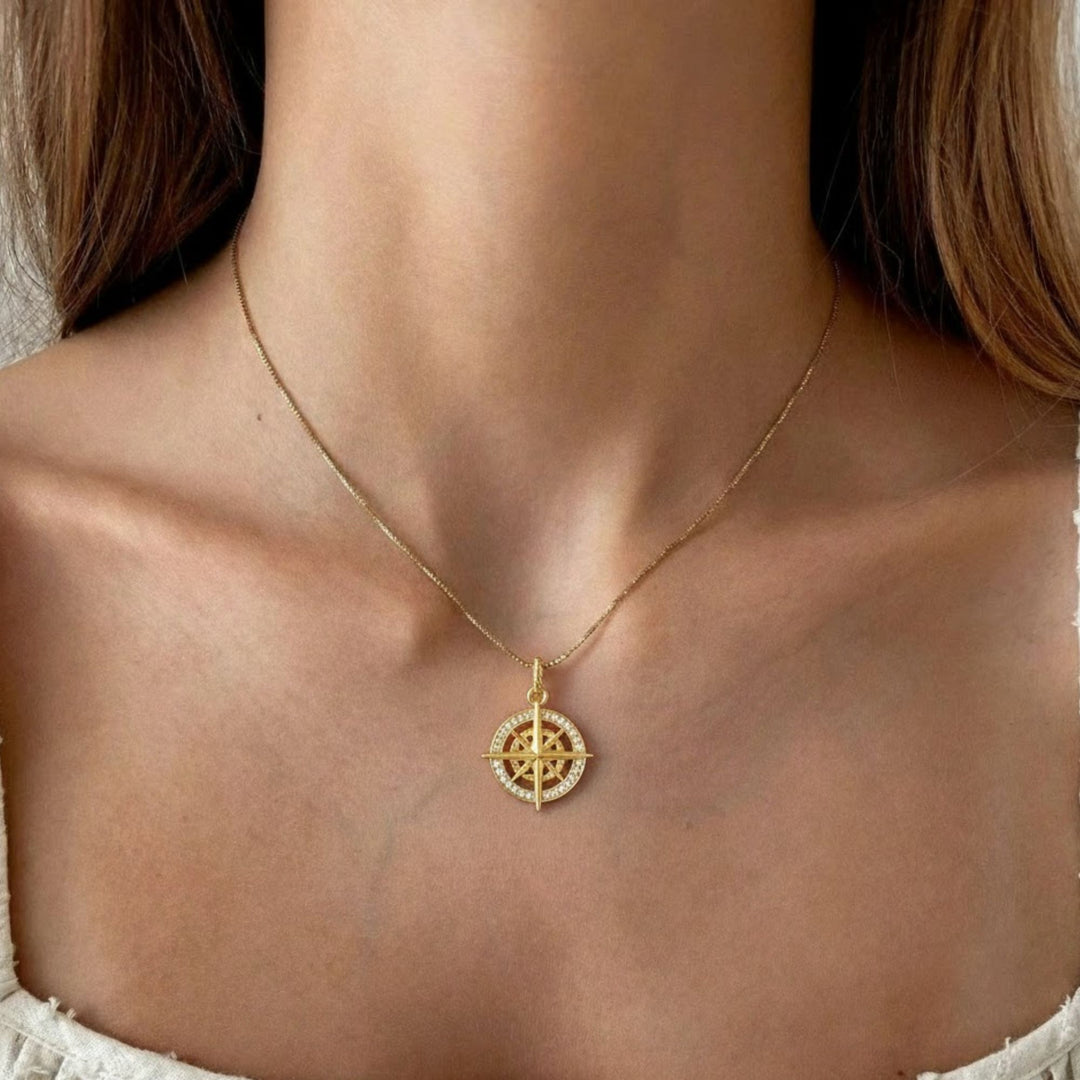 Gold compass pendant necklace, lab-grown diamond, 9K & 14K white/yellow/rose gold, celestial jewelry, navigation symbol, meaningful gift