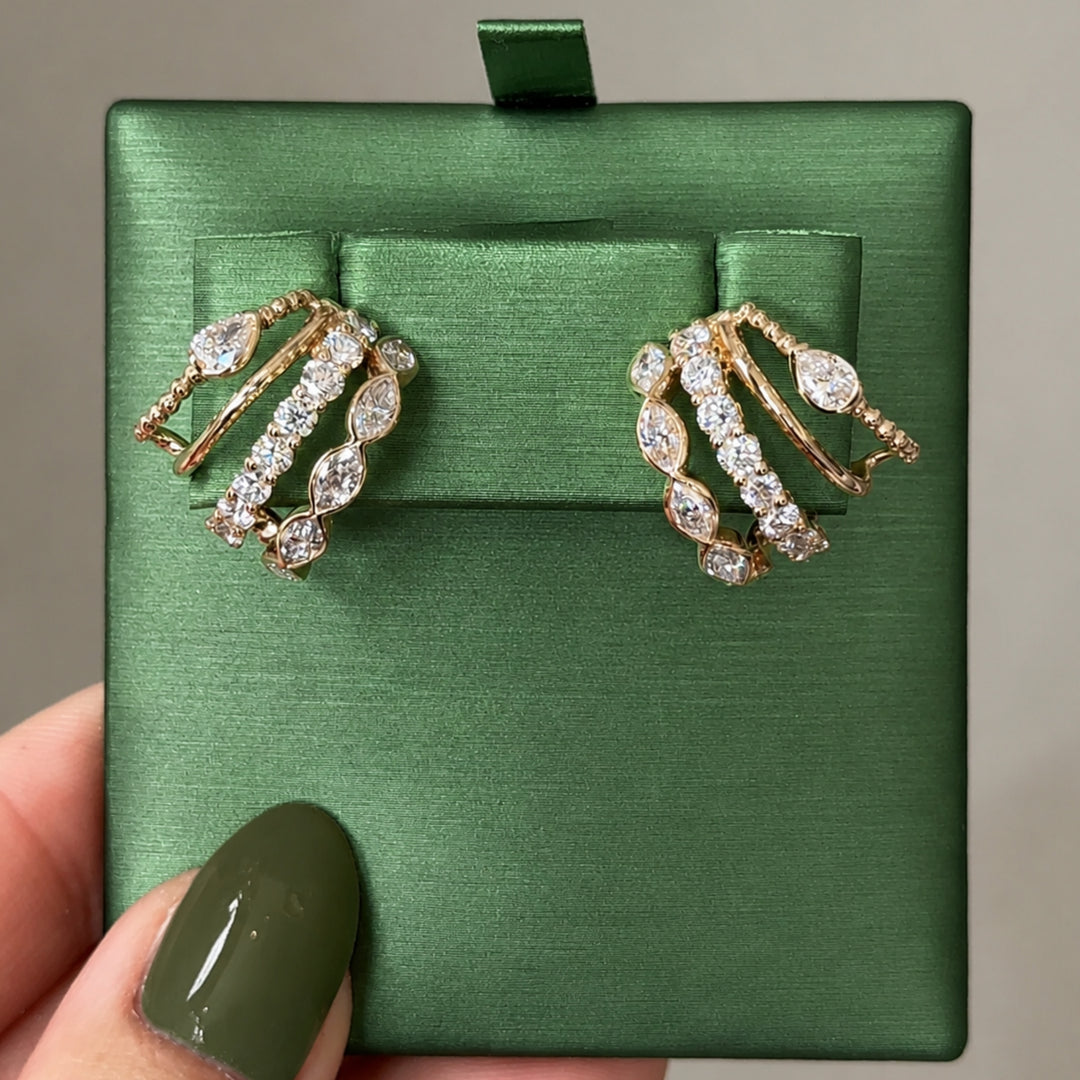 14K Solid Gold 4 Row Natural Diamond Earrings Cuff Style