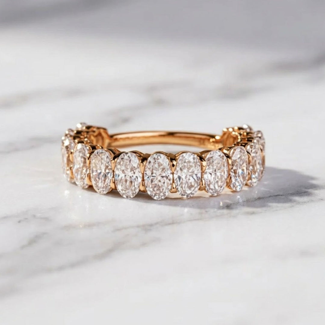 Oval Cut Lab Grown Diamond Wedding Band / CVD Diamond Stone Band / 14K Solid Gold Engagement Band / Hand Made Diamond Anniversary Band