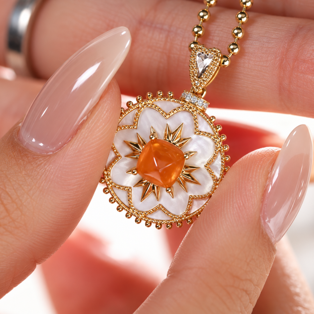 Natural Diamond & Natural Spessartite Garnet Necklace & 14K Solid Gold