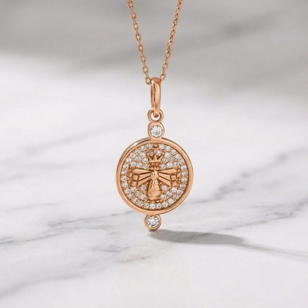 14K Solid Gold Queen Bee Necklace, Pavé Diamond Bee Pendant, Unique Round Pendant, Luxury Gift for Her