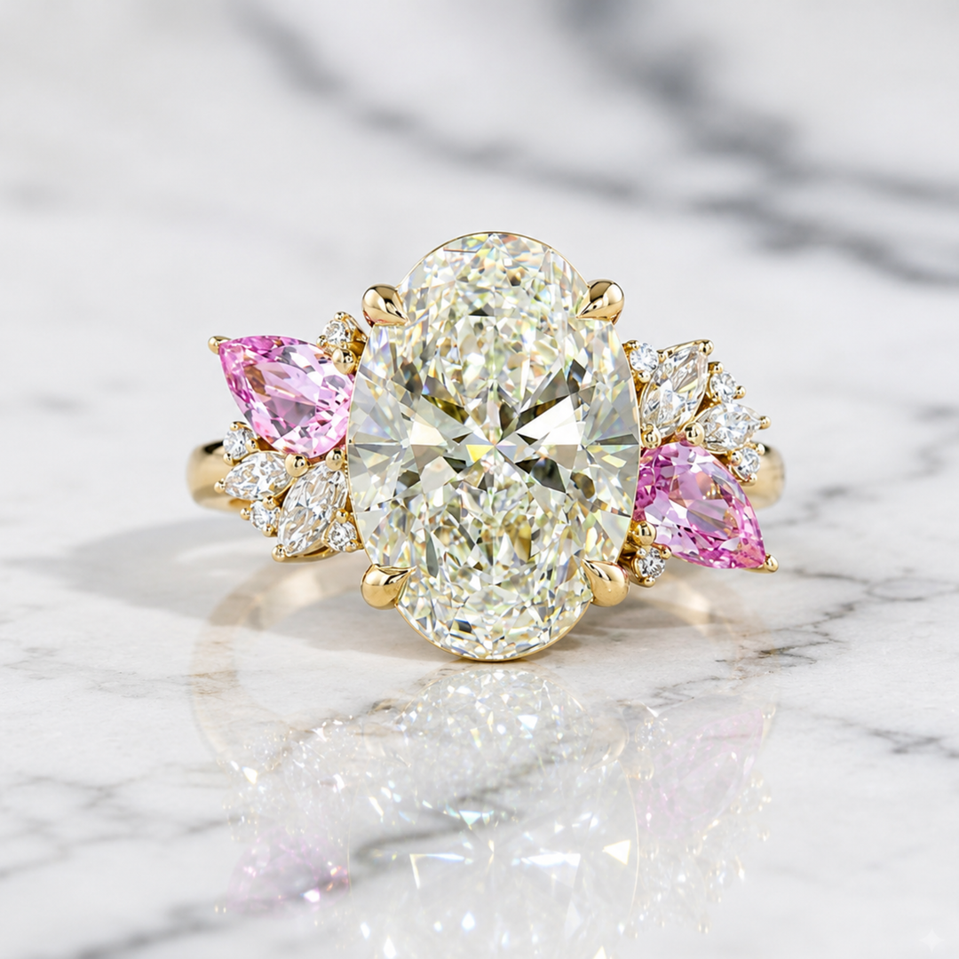 3 CT VVS Oval Lab-Grown Diamond Engagement Ring with Pink Sapphires 14KT Solid Gold