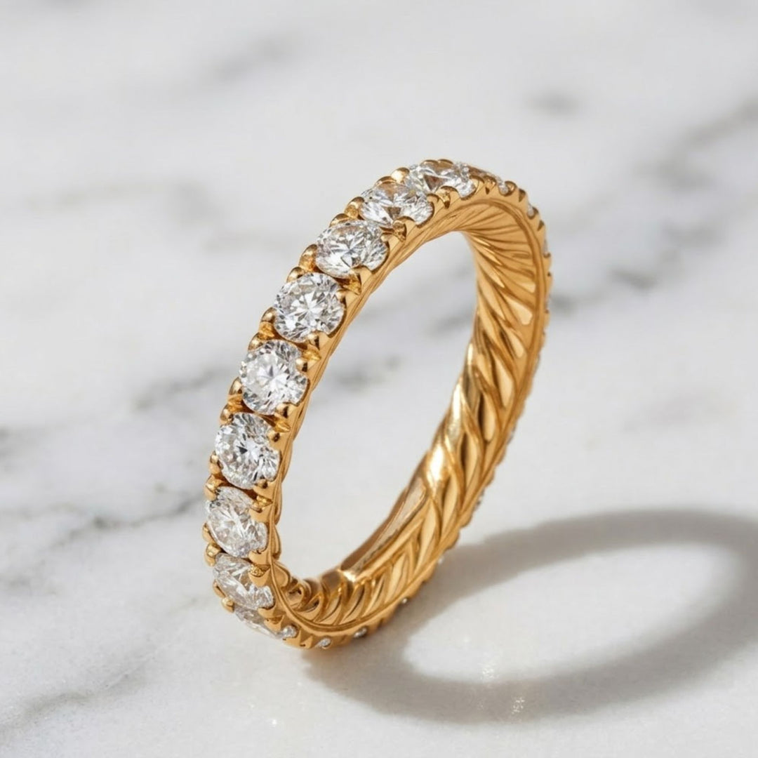 14k Gold Round Diamond Full Eternity Pave Setting Diamond Wedding Ring, Round Diamond Stacking Ring, Statement Diamond Ring For Women