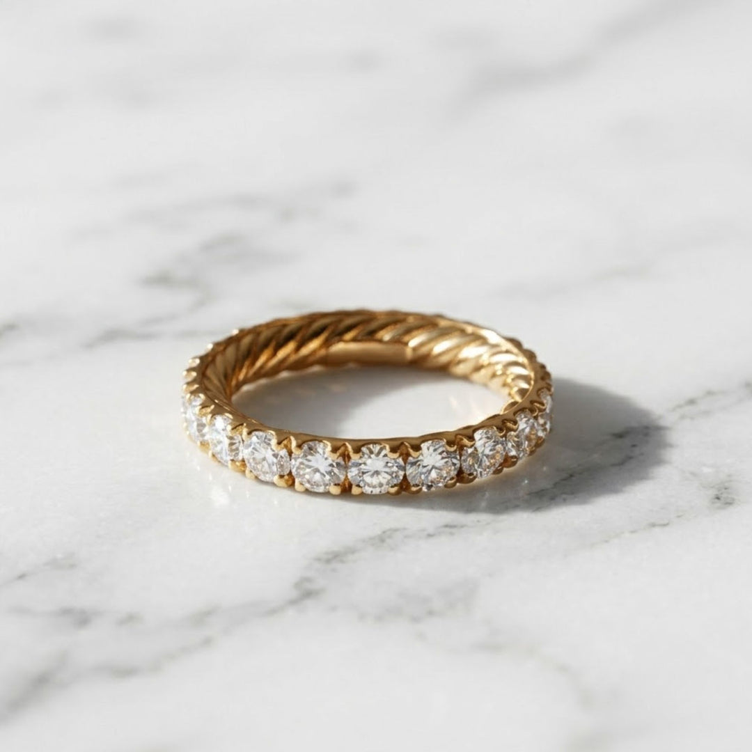 14k Gold Round Diamond Full Eternity Pave Setting Diamond Wedding Ring, Round Diamond Stacking Ring, Statement Diamond Ring For Women