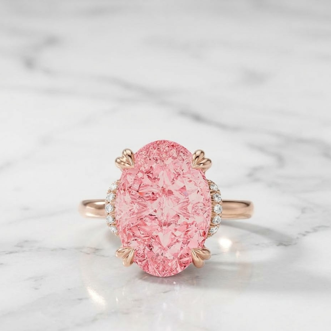 Oval Cut Fancy Vivid Pink Diamond Hidden Halo Engagement Ring, 14k Solid Gold Proposal Ring, 5.00 Ct Certified Lab Diamond