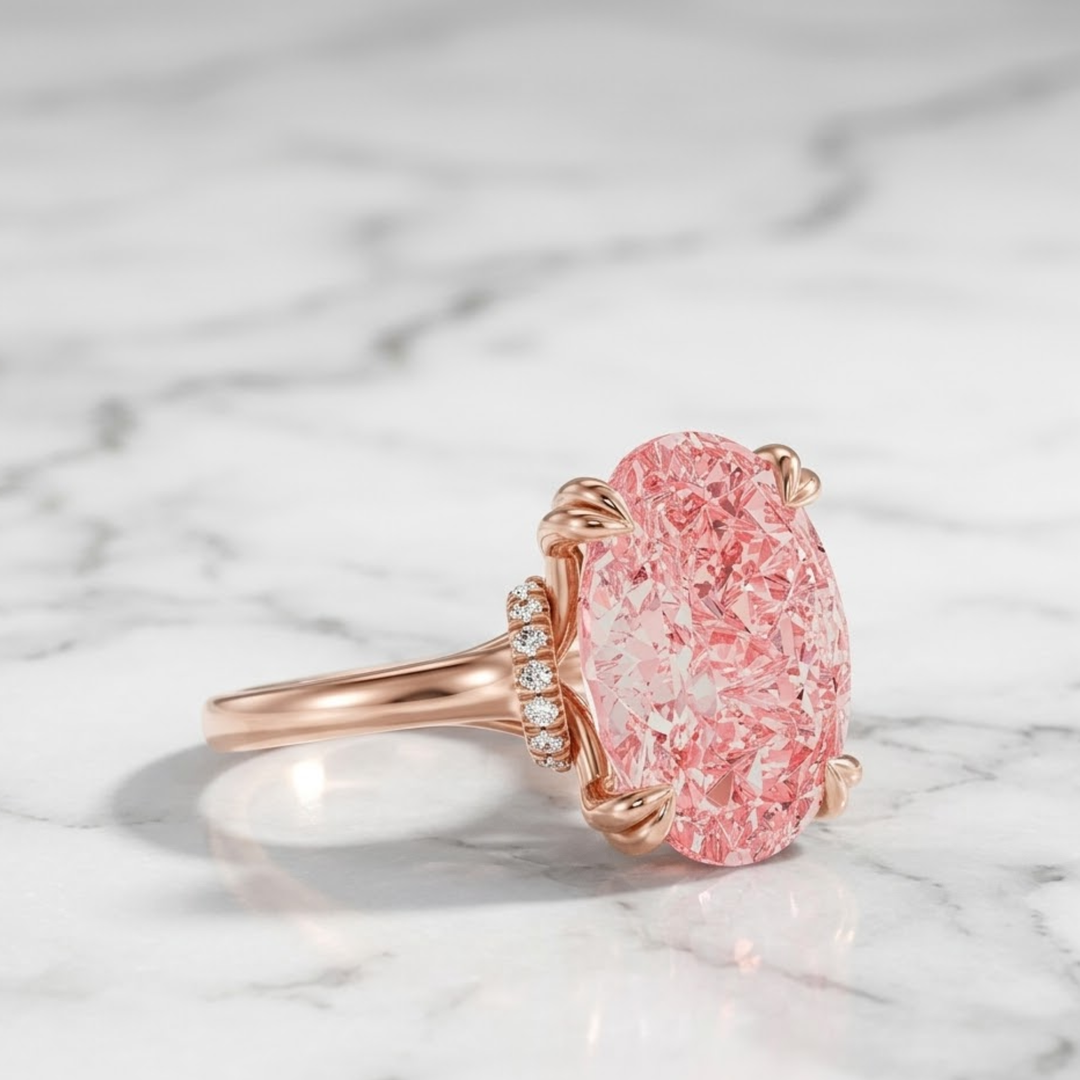 Oval Cut Fancy Vivid Pink Diamond Hidden Halo Engagement Ring, 14k Solid Gold Proposal Ring, 5.00 Ct Certified Lab Diamond