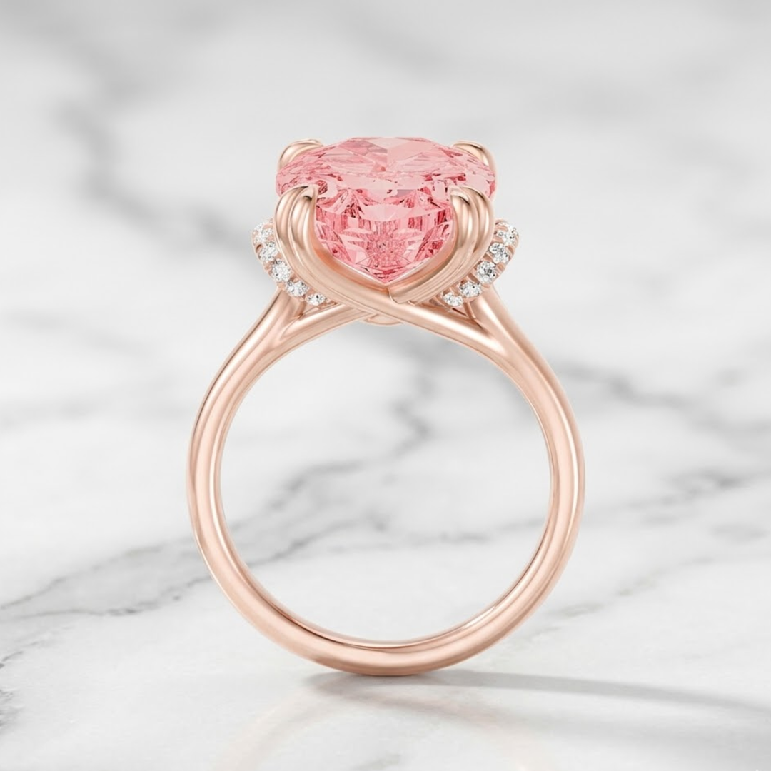 Oval Cut Fancy Vivid Pink Diamond Hidden Halo Engagement Ring, 14k Solid Gold Proposal Ring, 5.00 Ct Certified Lab Diamond