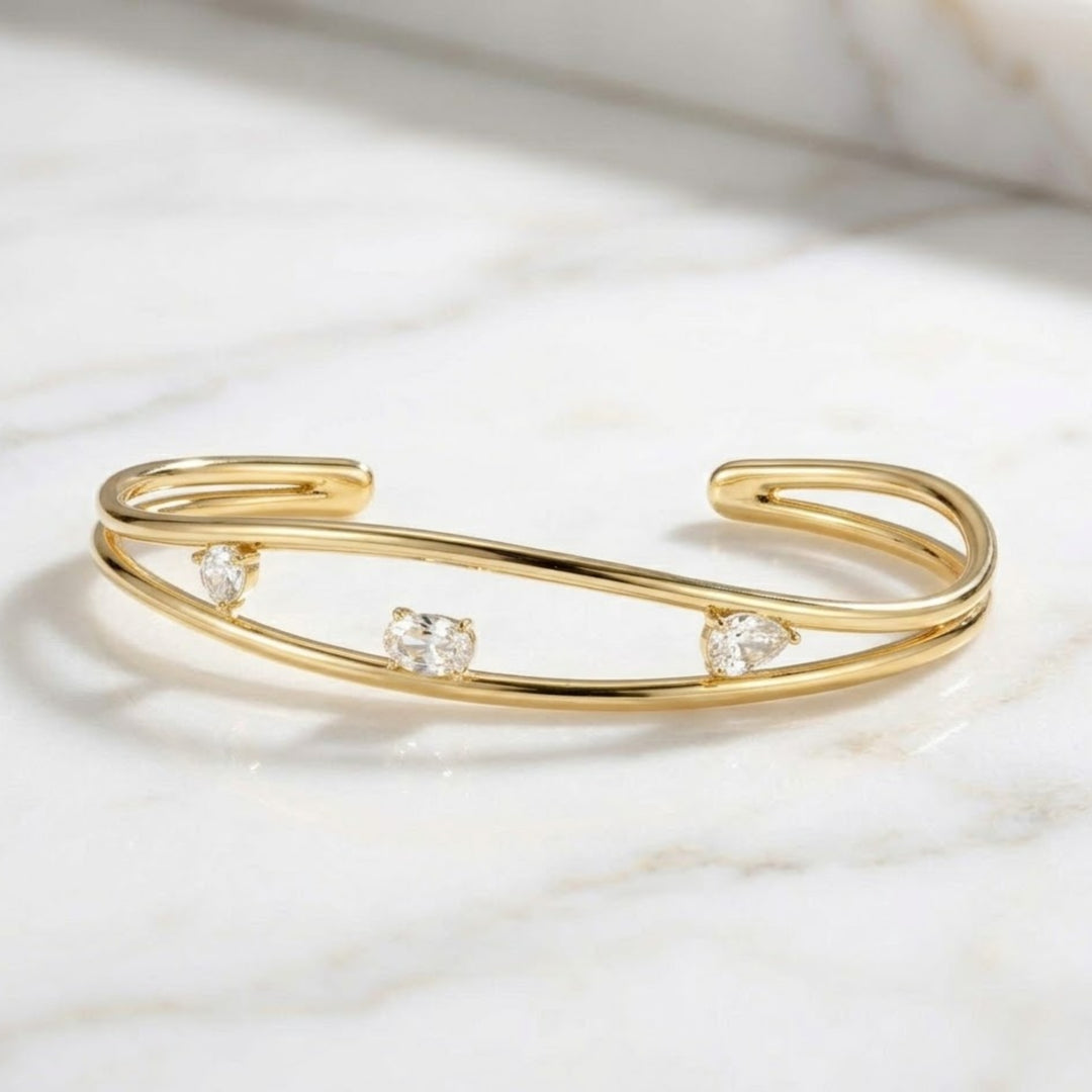 14K Gold Round, Oval & Pear Cut Diamond Bangle Bracelet Dainty Diamond Gold Cuff Bangle Bracelet Unique Diamond Bracelet Gifts For Women