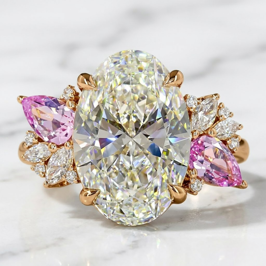 3 CT VVS Oval Lab-Grown Diamond Engagement Ring with Pink Sapphires 14KT Solid Gold