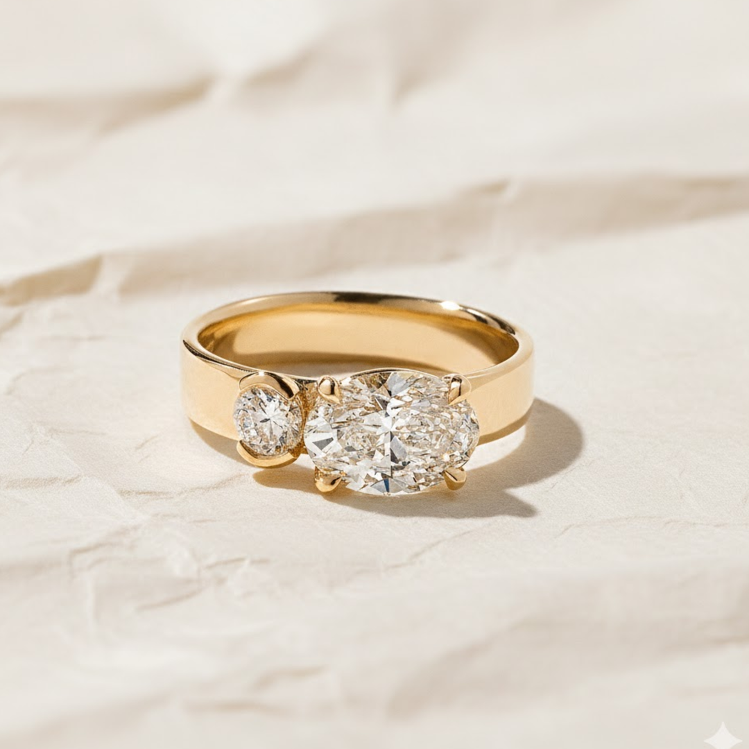 Round & Oval Diamond Toi et Moi Ring, 14K Solid Gold Engagement Ring