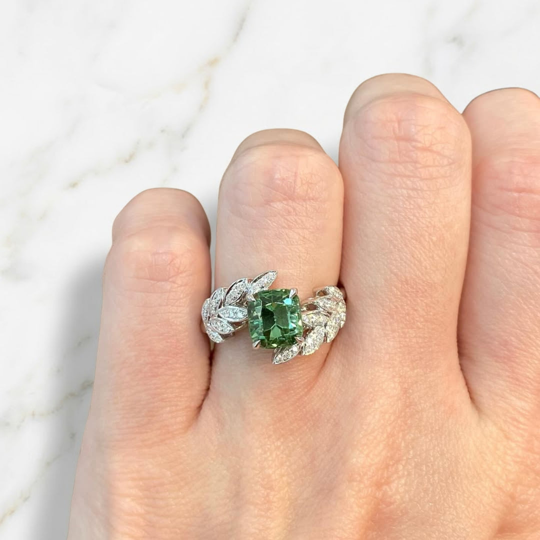 14K Solid Gold Green Tourmaline and Lab Grown Diamond Ring | Prong Set, Customizable Sizes, SGL Certified Engagement Wedding Jewelry