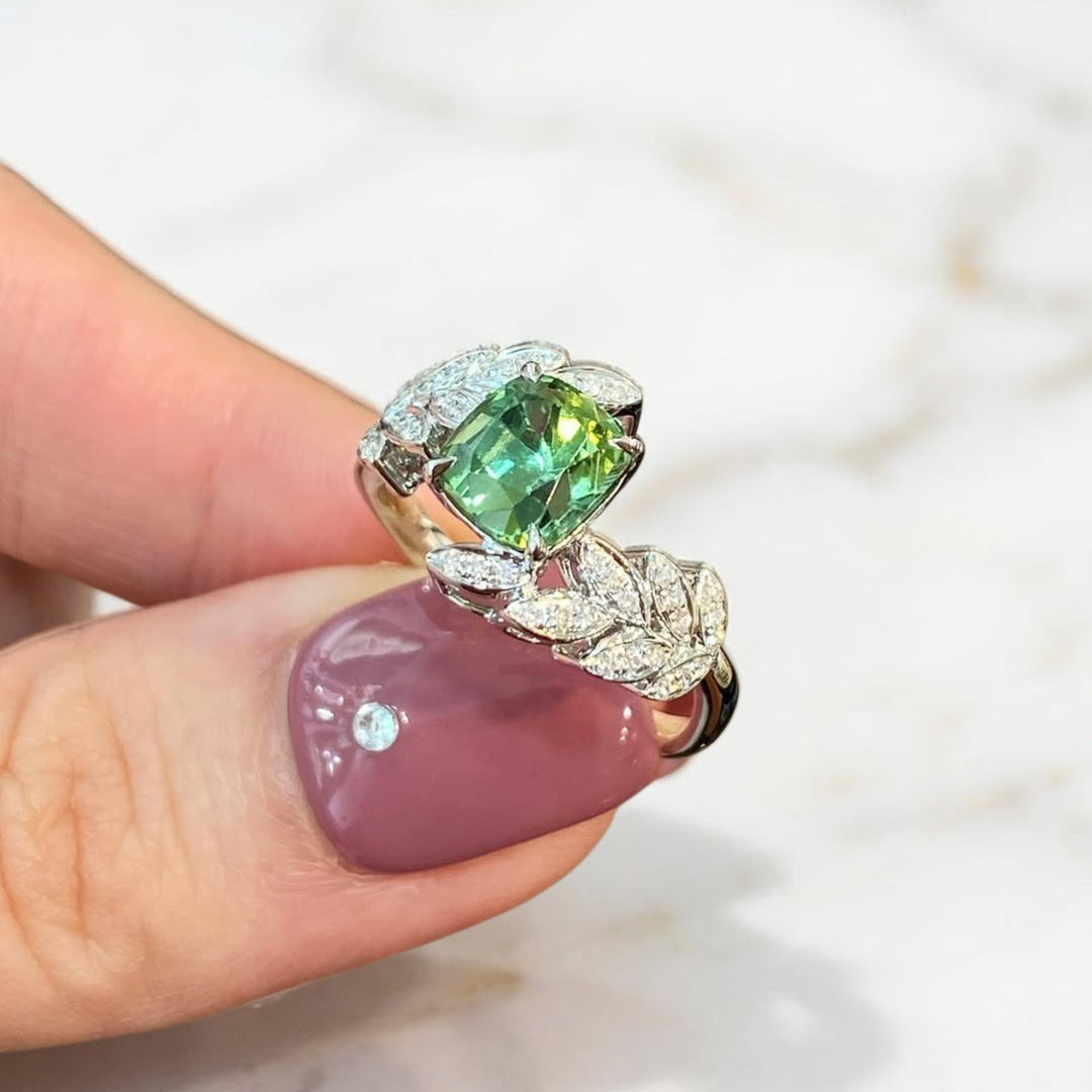 14K Solid Gold Green Tourmaline and Lab Grown Diamond Ring | Prong Set, Customizable Sizes, SGL Certified Engagement Wedding Jewelry