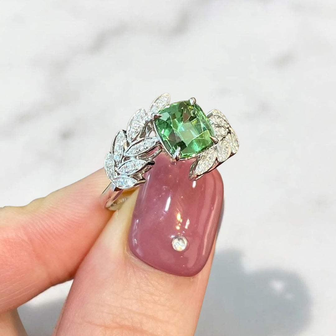 14K Solid Gold Green Tourmaline and Lab Grown Diamond Ring | Prong Set, Customizable Sizes, SGL Certified Engagement Wedding Jewelry
