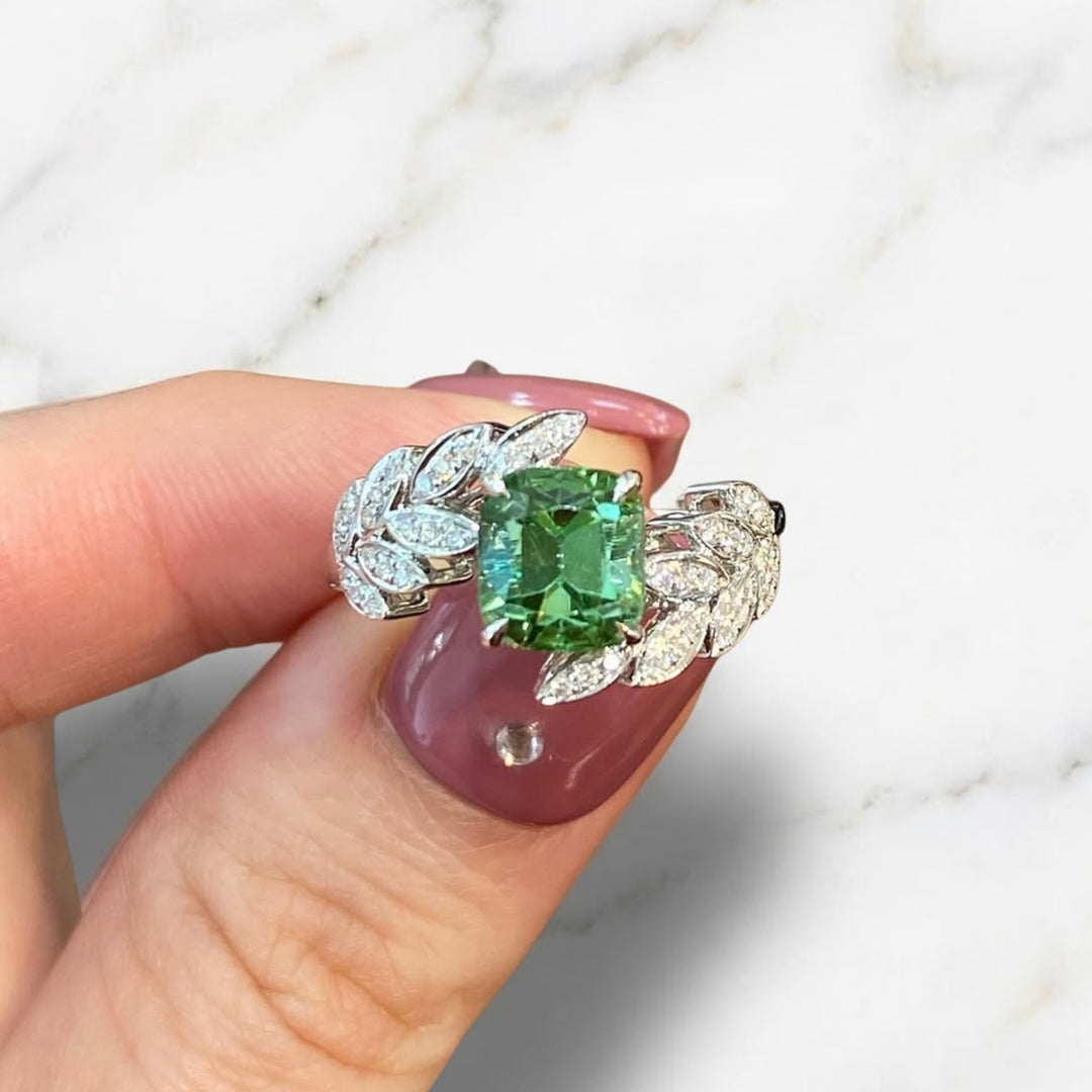 14K Solid Gold Green Tourmaline and Lab Grown Diamond Ring | Prong Set, Customizable Sizes, SGL Certified Engagement Wedding Jewelry