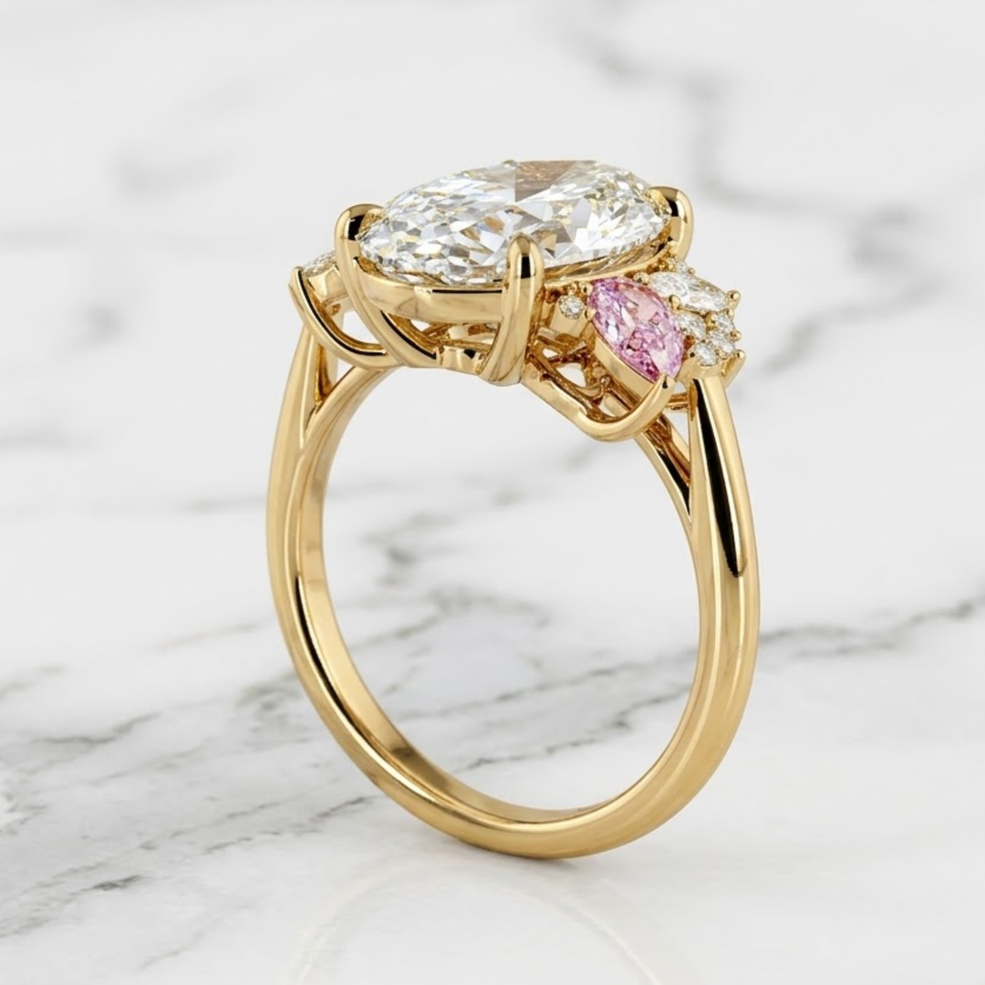 3 CT VVS Oval Lab-Grown Diamond Engagement Ring with Pink Sapphires 14KT Solid Gold