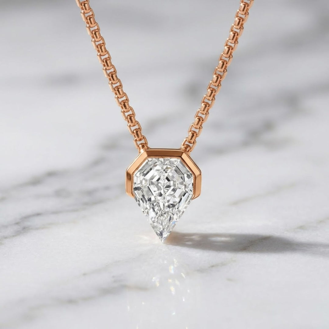 Solitaire Shield Diamond Pendant Necklace 14k White Gold, Diamond Profile 0.75 Carat, F+ Color, tension bead, IGI certified