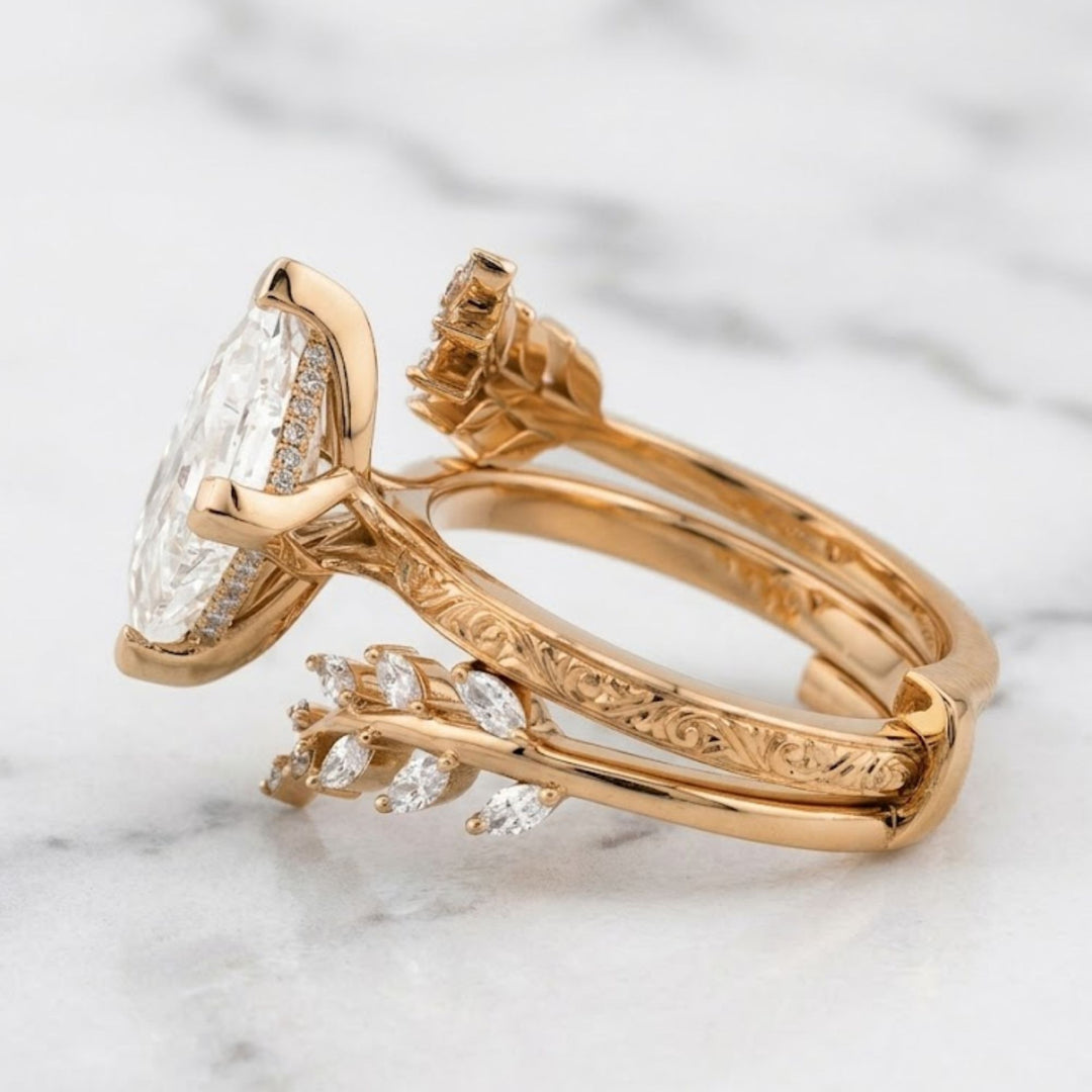 2.10 CT Lozenge Lab Grown Diamond Ring Set, Nature Inspired Engagement Ring, 14K Solid Gold