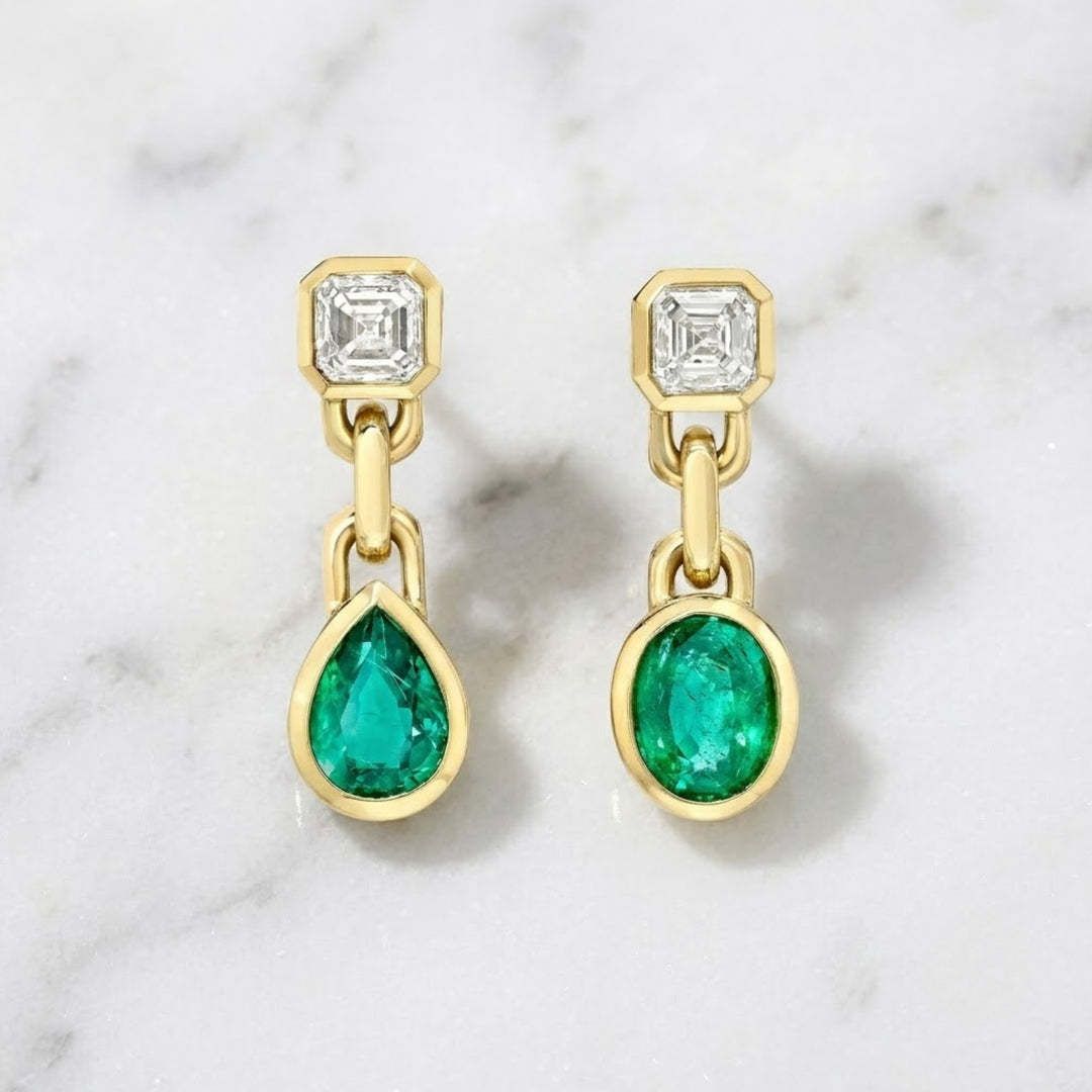 18K Solid Gold Natural Diamonds Lovers Duet Chain Drop Earrings