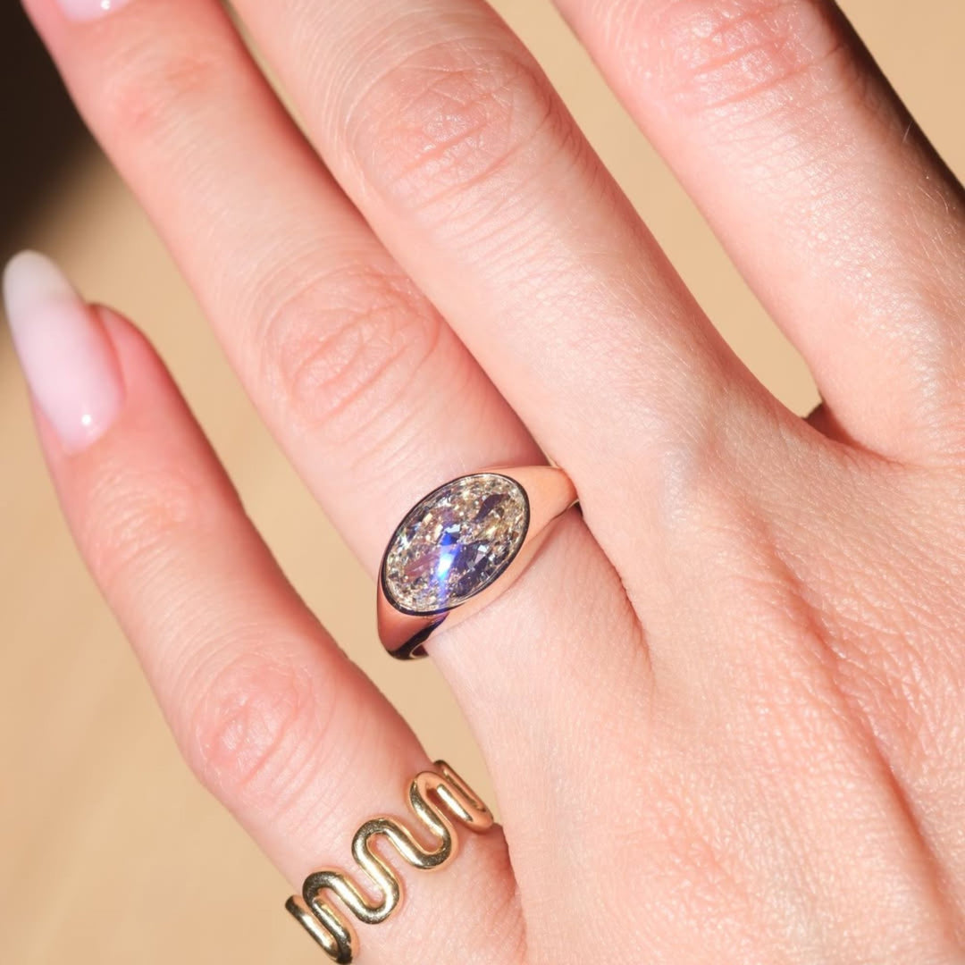 3ct Antique Cut Oval Lab Diamond Ring | 14K Yellow Gold Bezel Setting