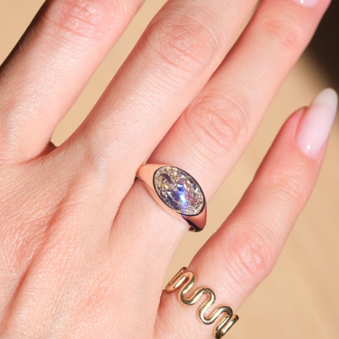 3ct Antique Cut Oval Lab Diamond Ring | 14K Yellow Gold Bezel Setting