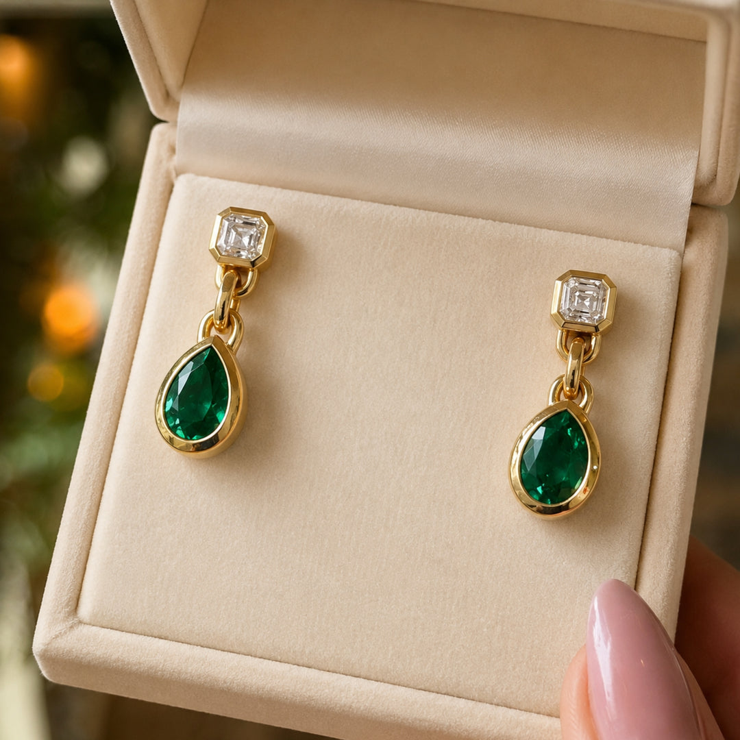 18K Solid Gold Natural Diamonds Lovers Duet Chain Drop Earrings