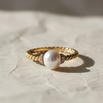 Load image into Gallery viewer, Pearl and Lab Grown Diamond Gold Ring, Pave Set 6mm Pearl, Engagement or Wedding Jewelry, 9K, 14K, 18K Gold, Classic Statement Ring