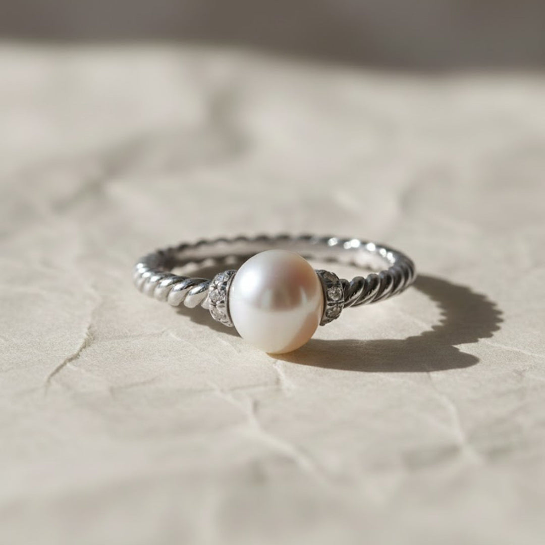 Pearl and Lab Grown Diamond Gold Ring, Pave Set 6mm Pearl, Engagement or Wedding Jewelry, 9K, 14K, 18K Gold, Classic Statement Ring