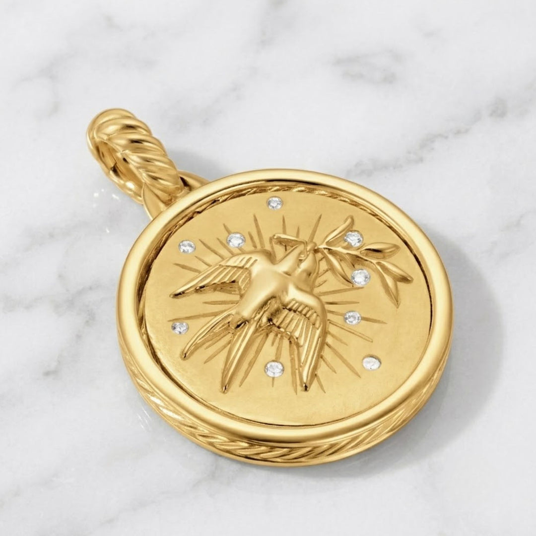 Gold Amulet with Hummingbird Pendant, Natural diamond , Pave Set, Symbolic Jewelry, Gift for Mom, Luxury Talisman  Pendant