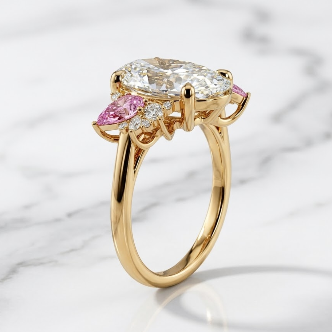 3 CT VVS Oval Lab-Grown Diamond Engagement Ring with Pink Sapphires 14KT Solid Gold