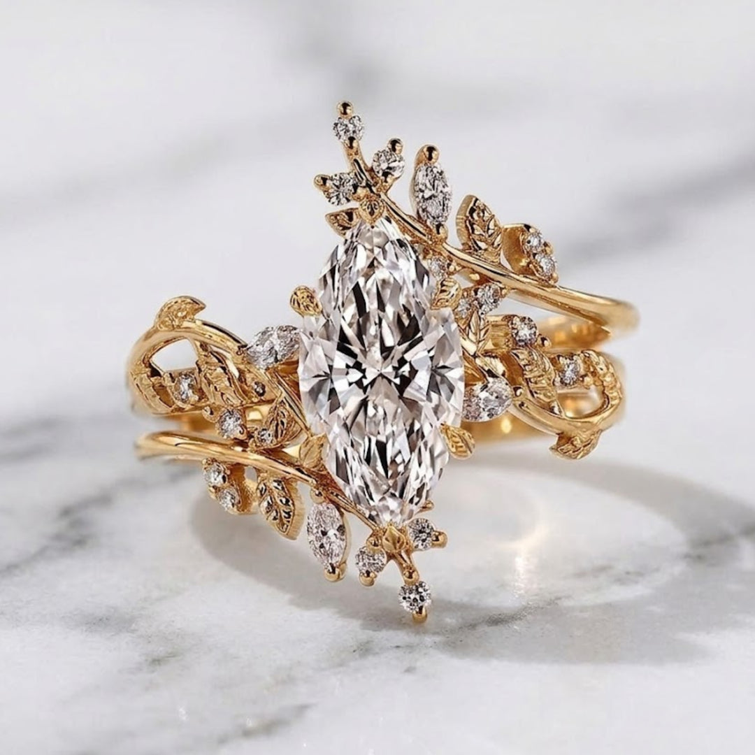 Marquise Diamond Nature Ring, 14K Solid Gold Lab Grown Diamond Ring, Branch Leaf Engagement Ring, Botanical Vine Ring, Gift for Her