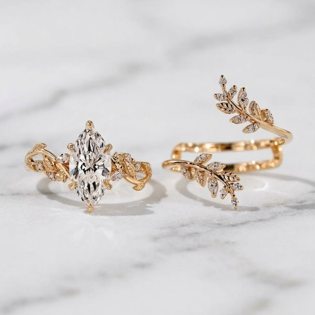 Marquise Diamond Nature Ring, 14K Solid Gold Lab Grown Diamond Ring, Branch Leaf Engagement Ring, Botanical Vine Ring, Gift for Her