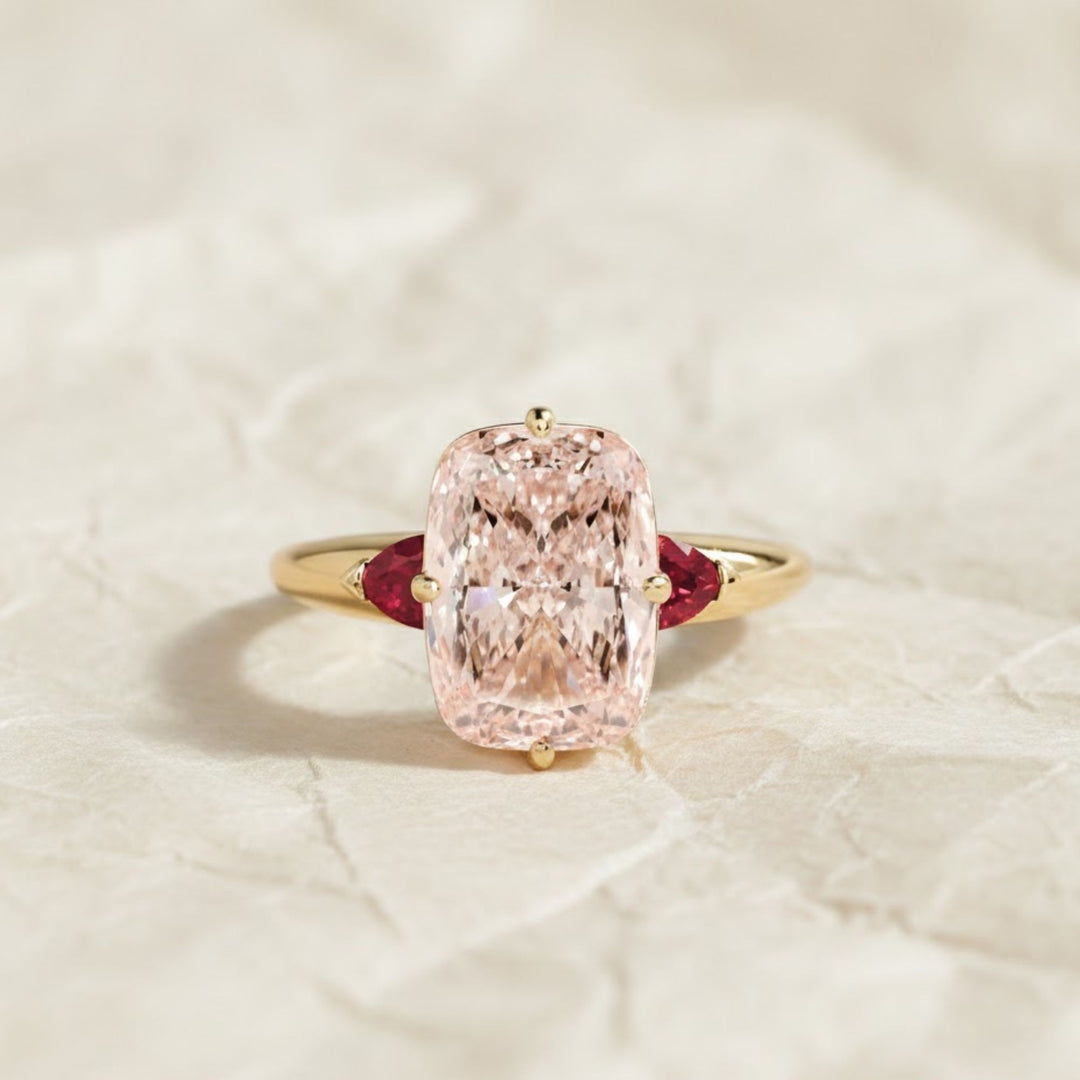 Cushion Lab Grown Pink Diamond Engagement Ring, 14K Yellow Gold trillion Ring