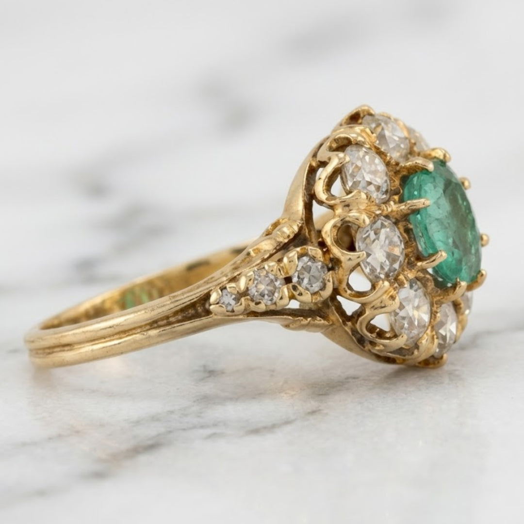 Natural Emerald & Natural Diamond Cluster Ring 18KT Solid Gold