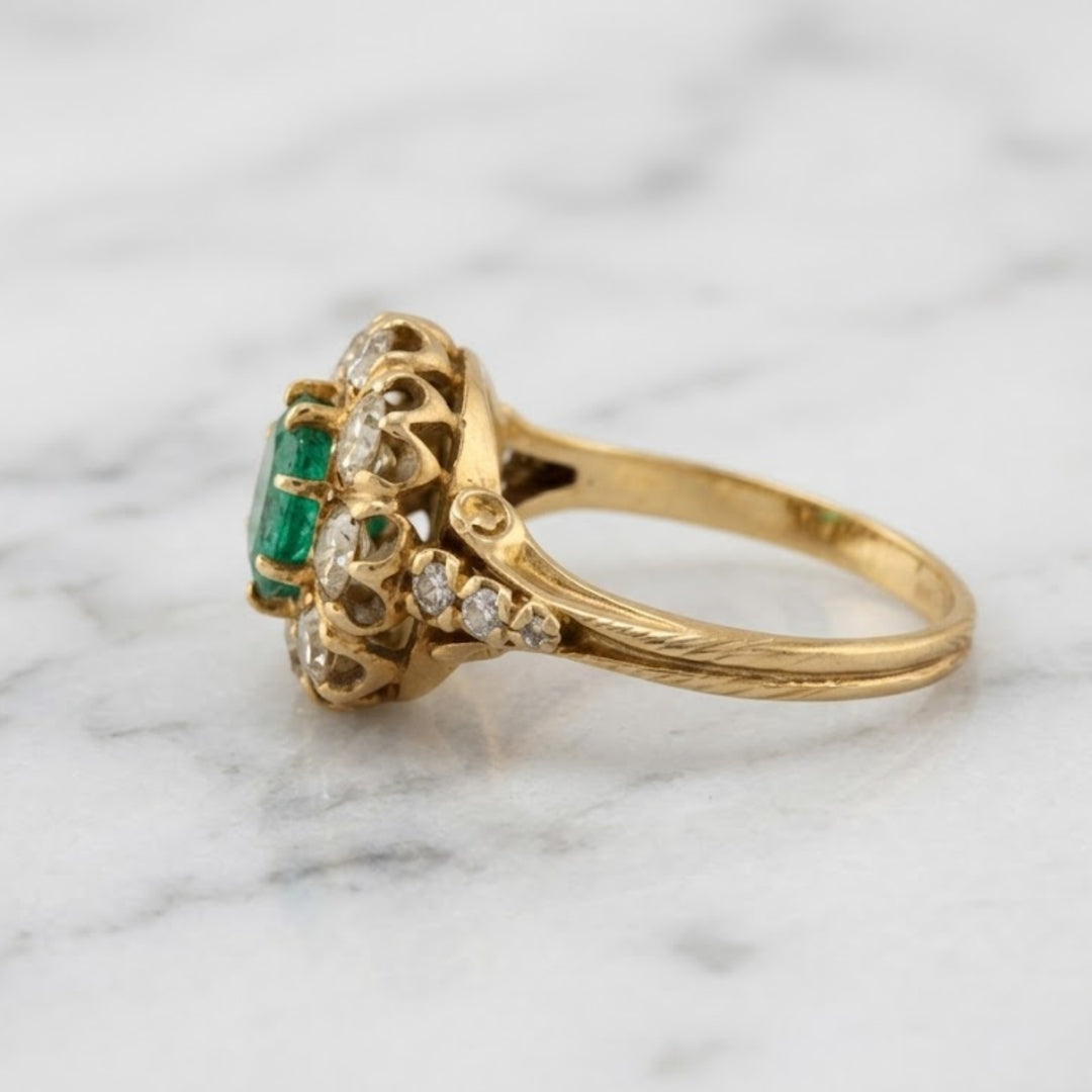 Natural Emerald & Natural Diamond Cluster Ring 18KT Solid Gold