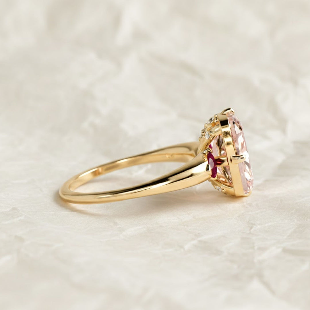 Cushion Lab Grown Pink Diamond Engagement Ring, 14K Yellow Gold trillion Ring