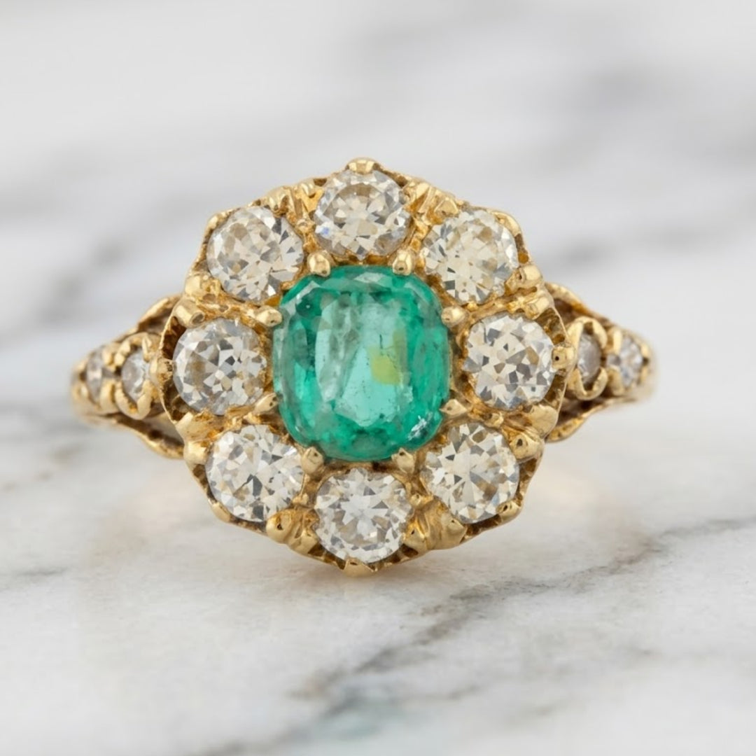 Natural Emerald & Natural Diamond Cluster Ring 18KT Solid Gold