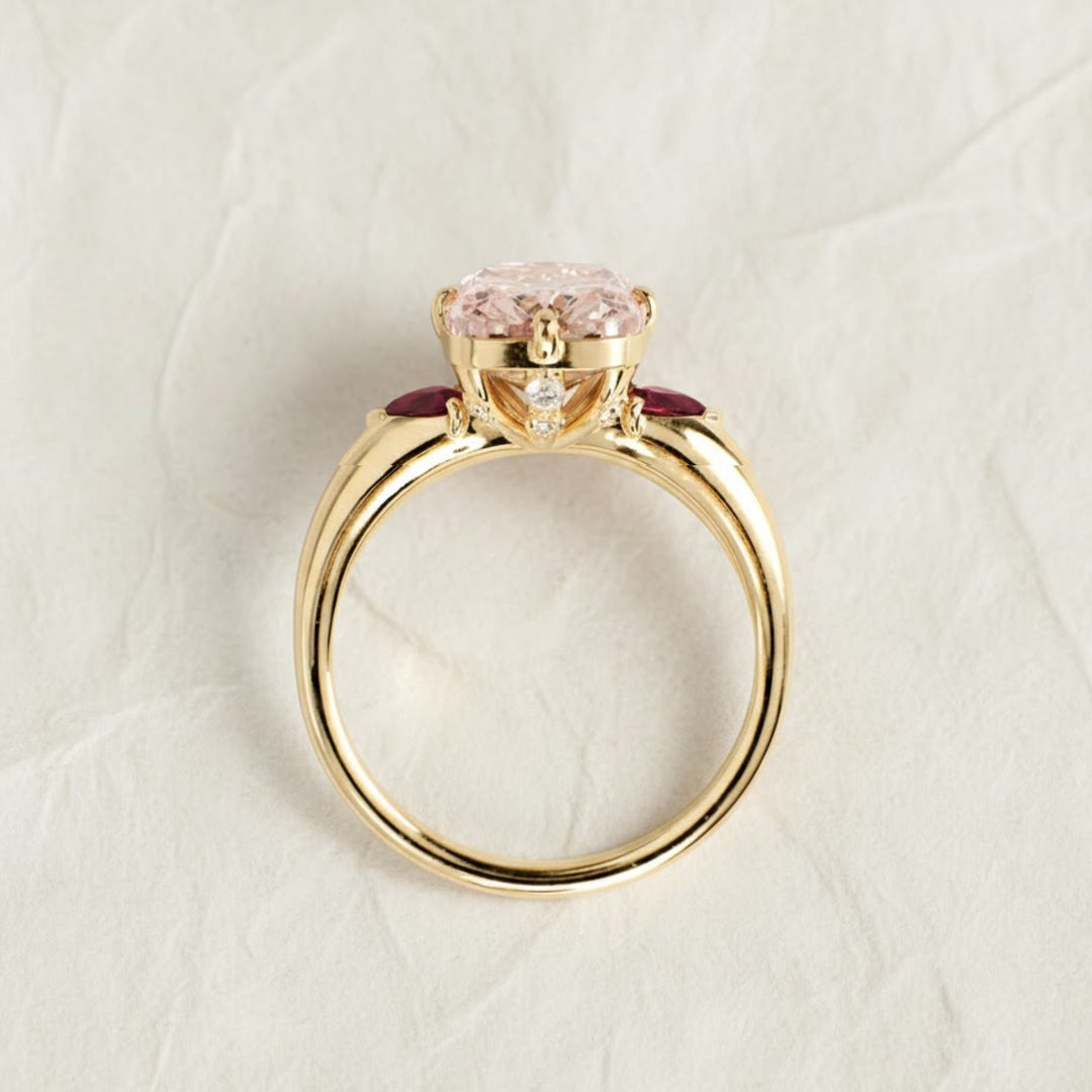 Cushion Lab Grown Pink Diamond Engagement Ring, 14K Yellow Gold trillion Ring