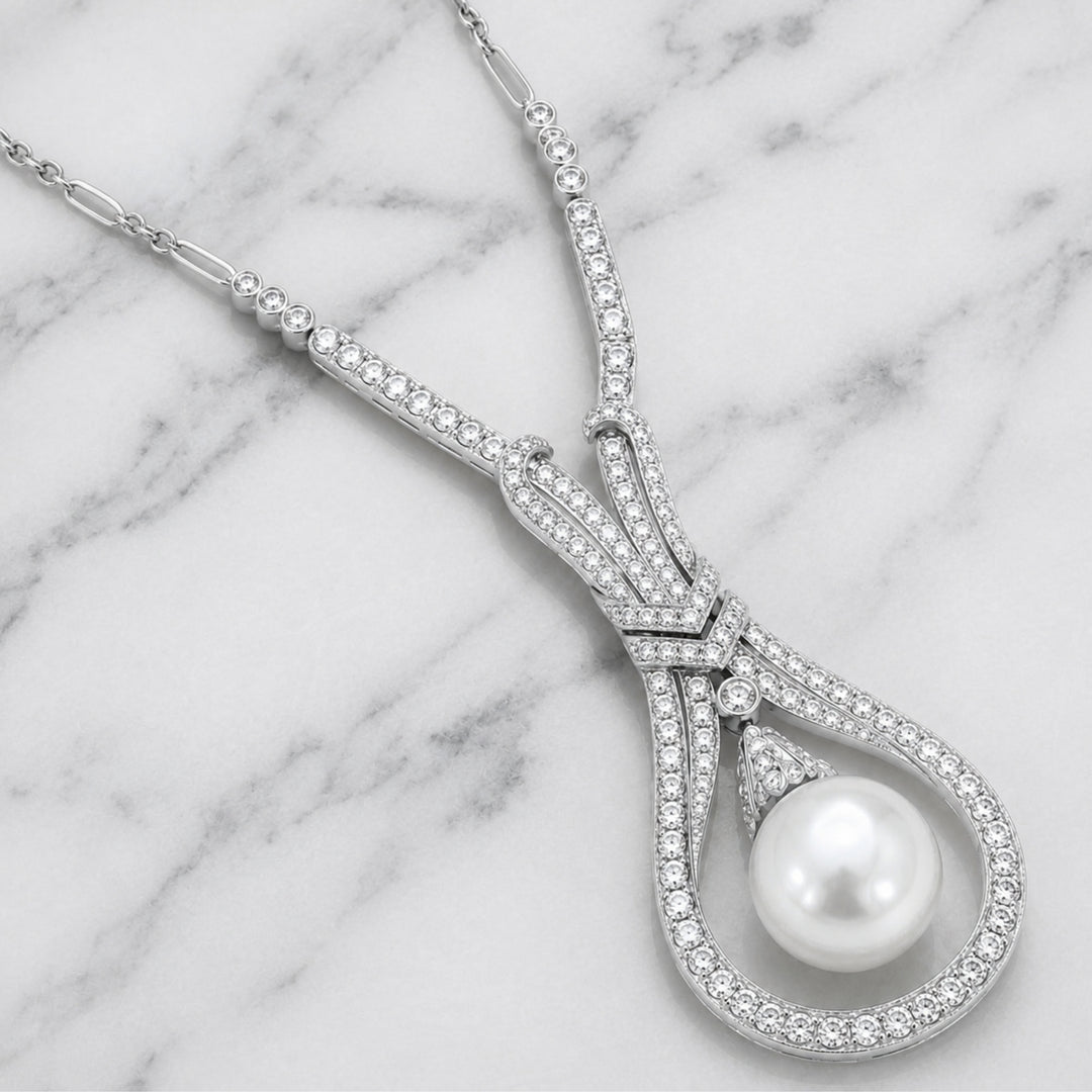 18K White Gold Art Deco Round Cut Diamond & Natural Pearl Drop Necklace