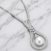 18K White Gold Art Deco Round Cut Diamond & Natural Pearl Drop Necklace