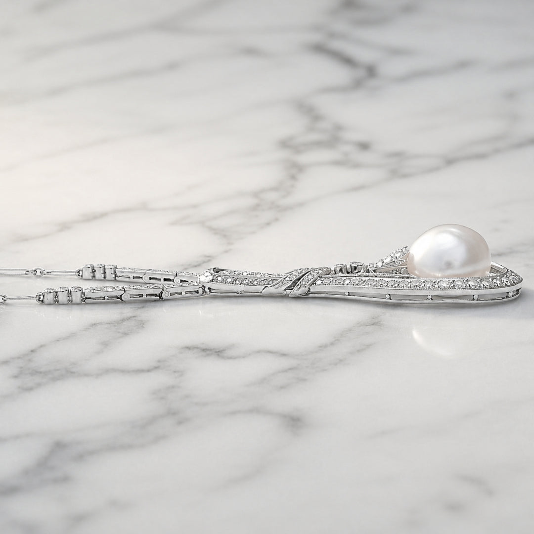 18K White Gold Art Deco Round Cut Diamond & Natural Pearl Drop Necklace