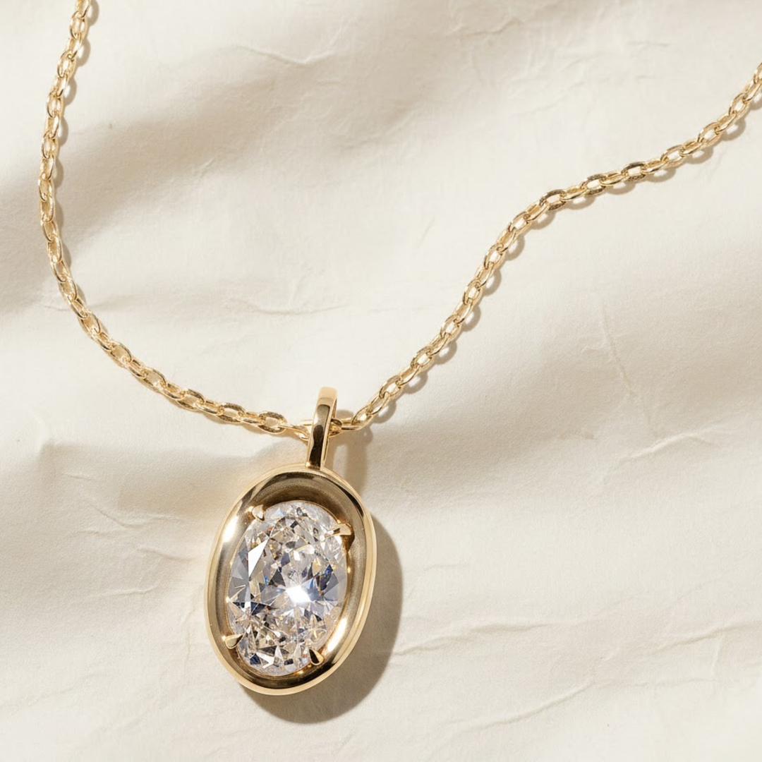 3 Ct Lab Grown Oval Diamond Pendant, 14k Yellow Gold Bezel Necklace