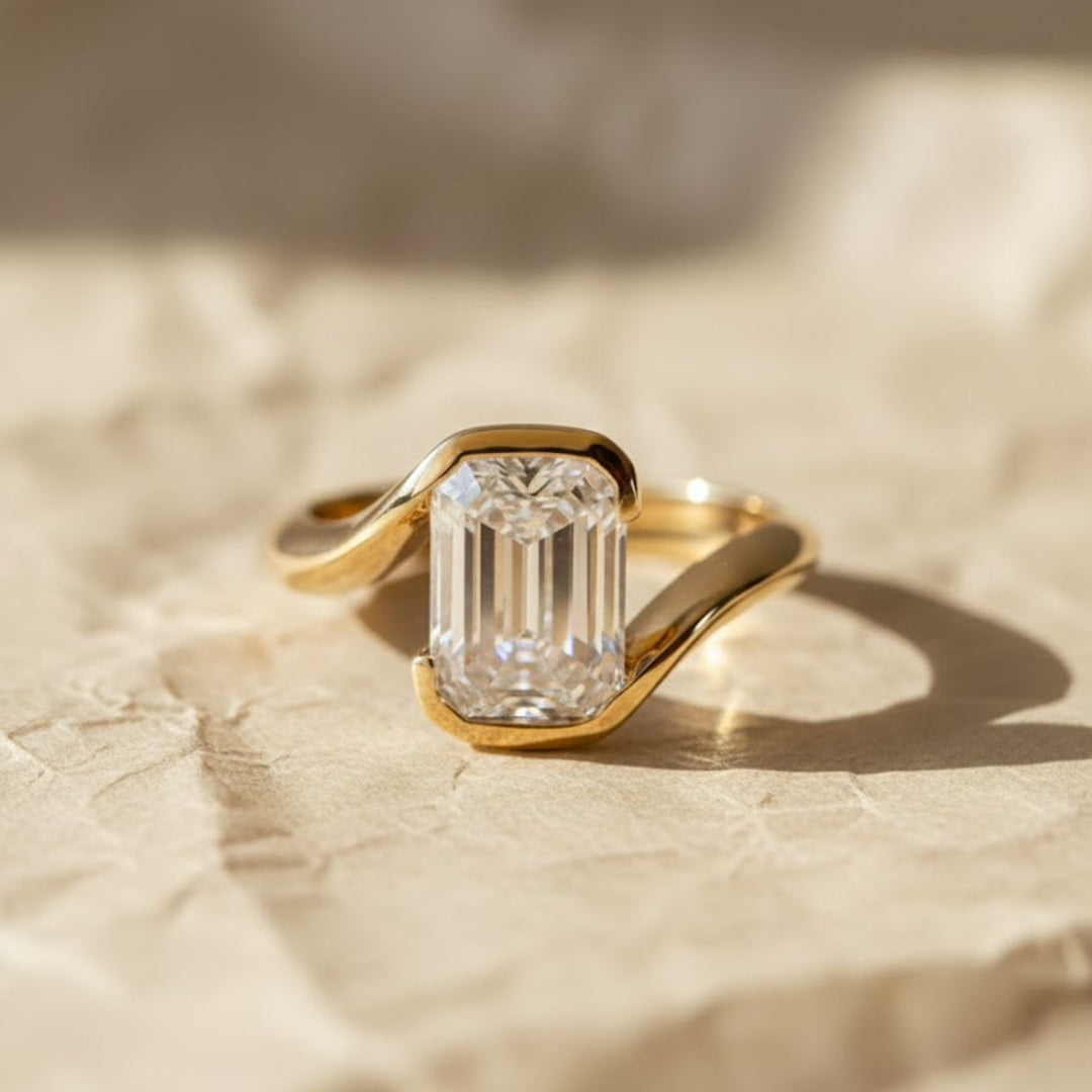 Lab Grown Emerald Cut Diamond Ring, 2.00ct F+ VS+ Certified Bezel Set Gold Band,Romantic Anniversary Gift for Wife, Modern Women's Gold Ring