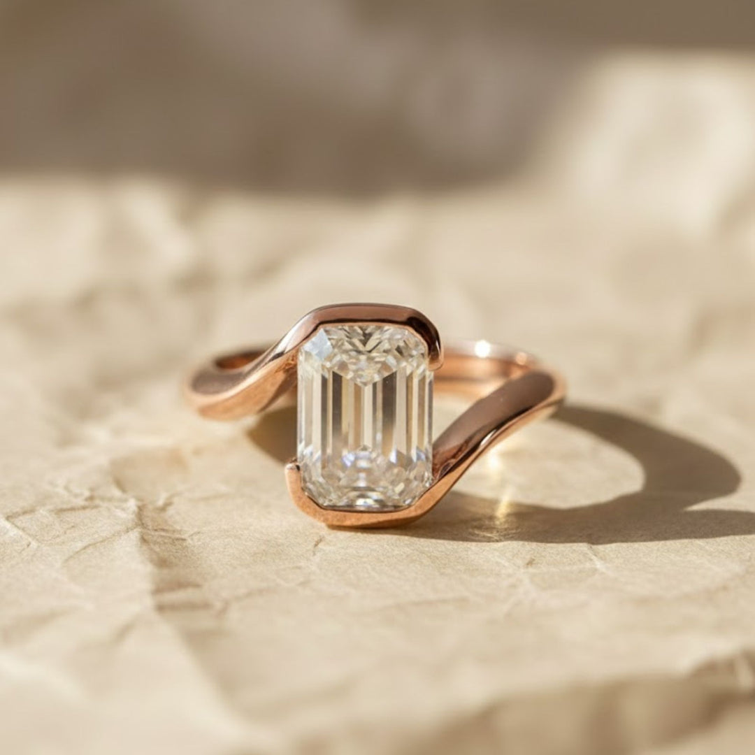 Lab Grown Emerald Cut Diamond Ring, 2.00ct F+ VS+ Certified Bezel Set Gold Band,Romantic Anniversary Gift for Wife, Modern Women's Gold Ring