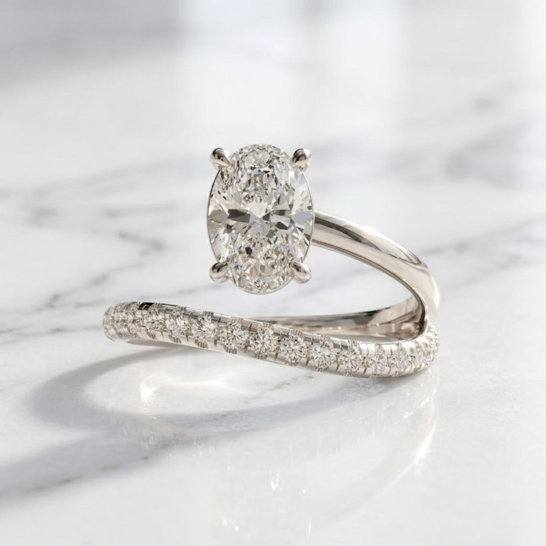 Lab Grown Oval & Round Diamond Engagement Ring, 14K Solid Gold, Bypass Style, Certified, Women's Wedding or Promise Ring