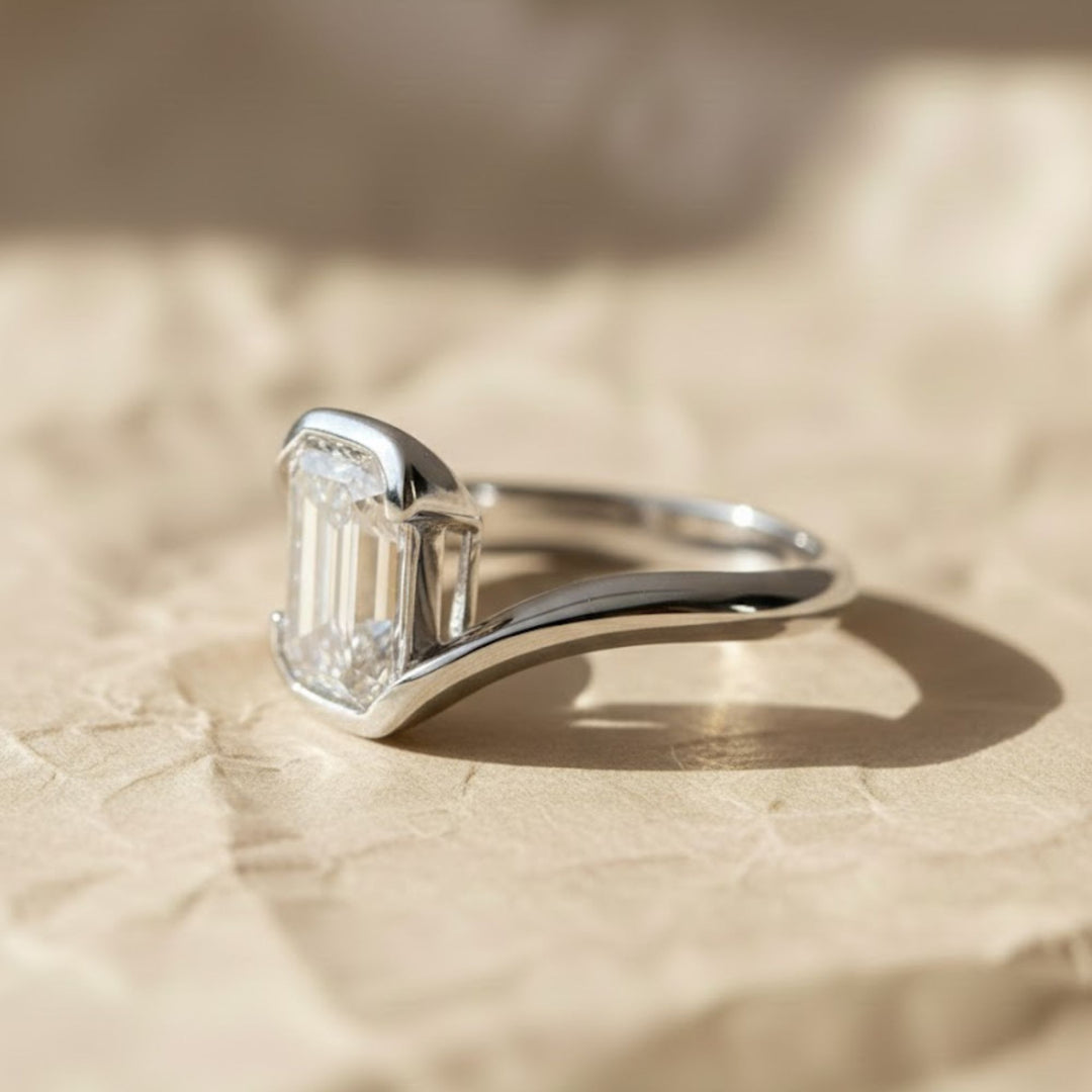 Lab Grown Emerald Cut Diamond Ring, 2.00ct F+ VS+ Certified Bezel Set Gold Band,Romantic Anniversary Gift for Wife, Modern Women's Gold Ring