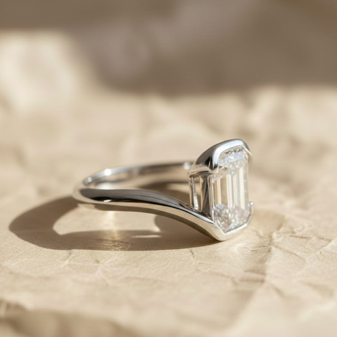 Lab Grown Emerald Cut Diamond Ring, 2.00ct F+ VS+ Certified Bezel Set Gold Band,Romantic Anniversary Gift for Wife, Modern Women's Gold Ring