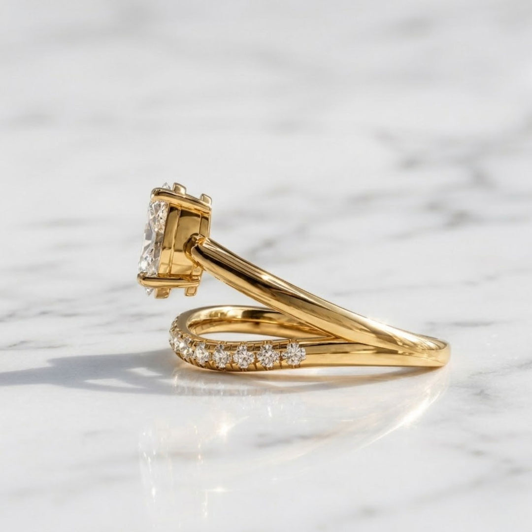 Lab Grown Oval & Round Diamond Engagement Ring, 14K Solid Gold, Bypass Style, Certified, Women's Wedding or Promise Ring